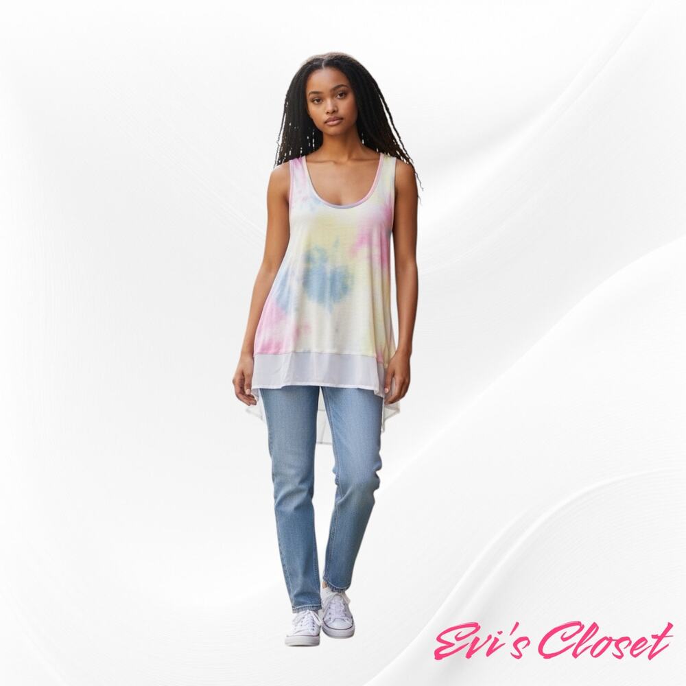 Bli’s Pastel Tie Dye Tank Top Pink Yellow Blue Sheer Chiffon High Low Hem Sz